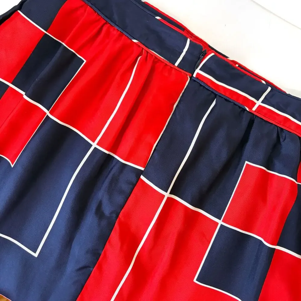 Elizabeth McKay 100% Silk Geometric Color Block Skirt Red Navy Size 10
